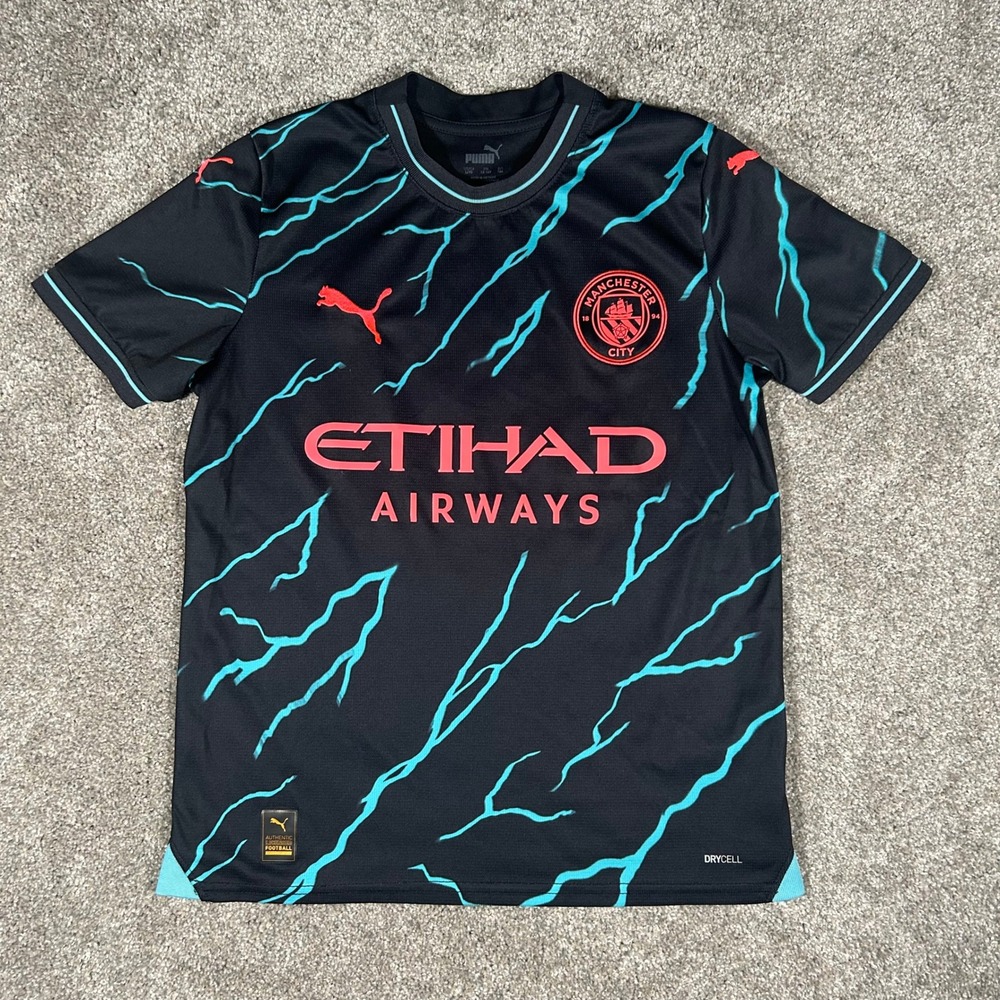 Puma Manchester City 2023-24 Third Jersey Kids XL Black Teal Lightning Bolt Top